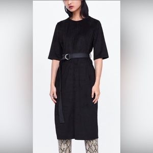 Zara Basic Black Faux Leather Suede Dress With Belt 3/4 Sleeve MIDI Knee Length